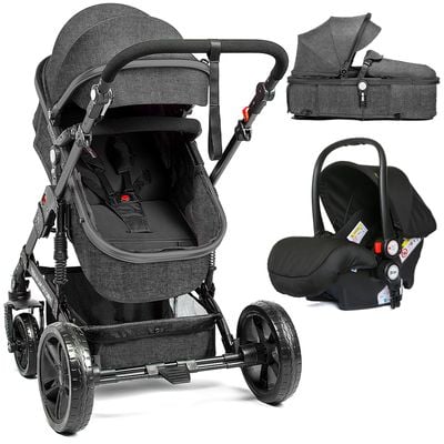 Teknum 3In1 Pram Stroller | Sleeping Bassinet | Extra Wide Seat | Wide Canopy | 360° Rotating Wheels | Fully Reclinable | Car Seat Compatible | Coffee Holder | Spill Proof Mat | Newborn Baby | 0 - 3 Years + Car Seat - Space Grey